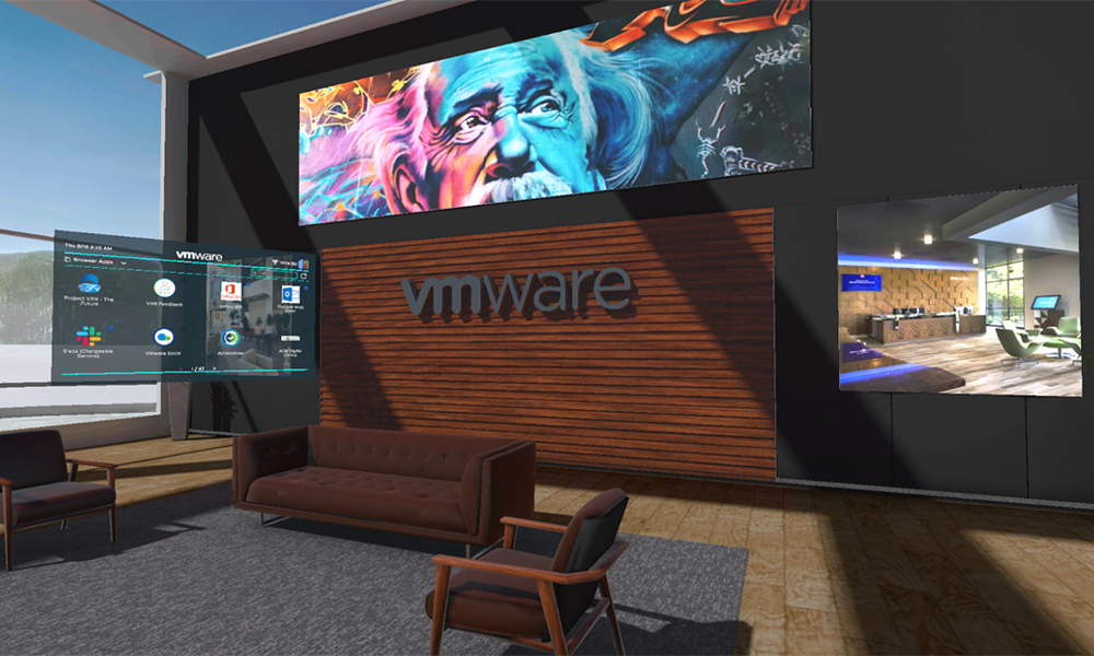 Video of office setting with VMware logo.