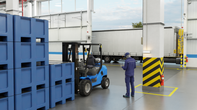 Image of a factory floor with loading equipment and a person with a clipboard.