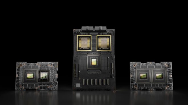 NVIDIA Hopper GPU and NVIDIA Grace CPUs on a black background.