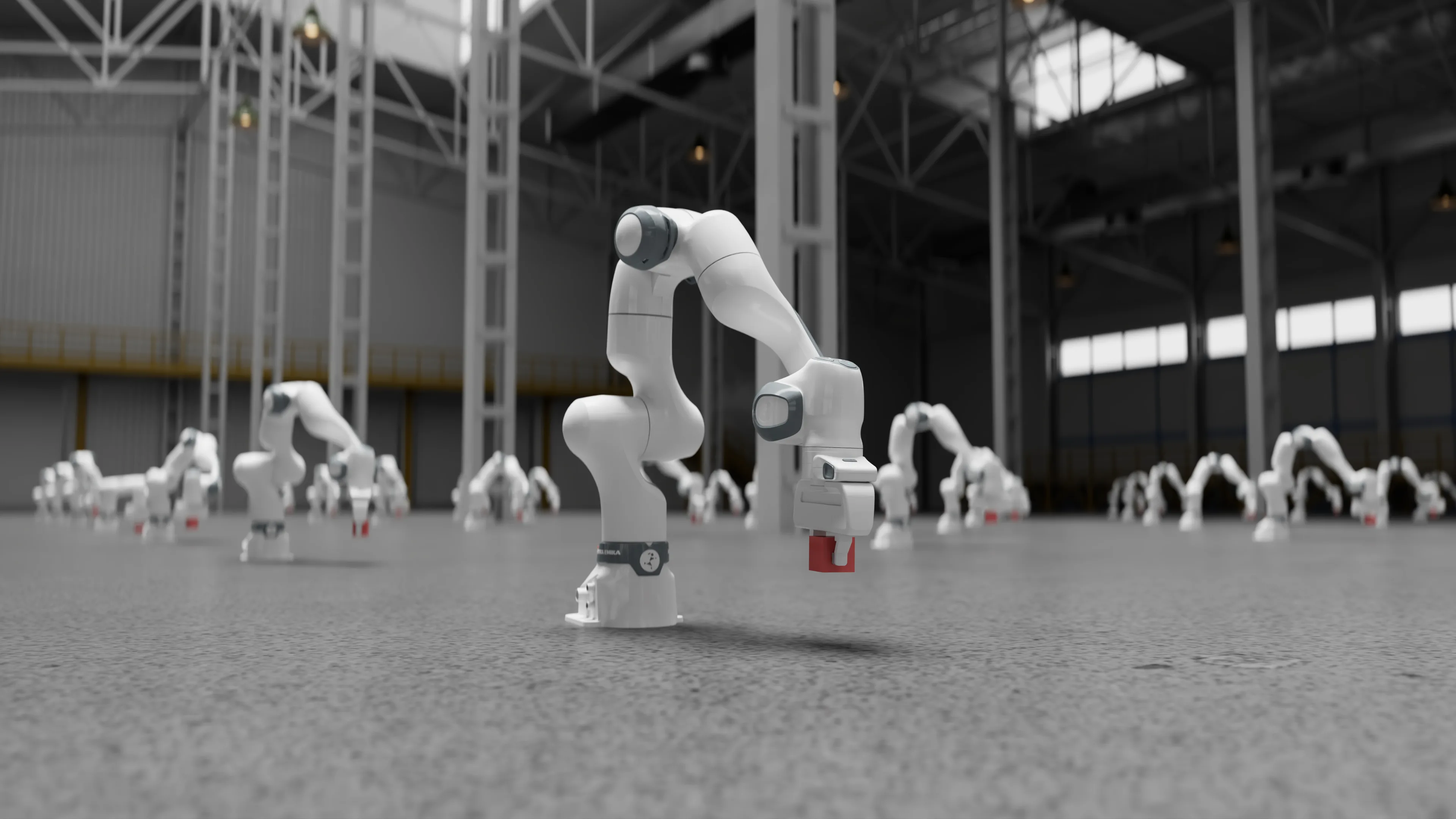 Multiple parallel environments showing Franka robotic arms picking up cubes.